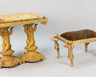 169	2 Figural Footstools	Victorian style metal painted footstool with painted metal putti, oriental carpet fragment with tassels. Art Nouveau figural gilt metal stool with leopard print cushion. Victorian style foot stool: 13 1/2" L x 5 1/2" W x 13" H. Wear to paint on putti, loss of paint on knee and body. Wear to gilt on elbows of figures on art nouveau foot stool.
