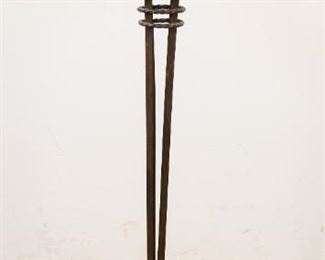 171	Victorian Iron Fishbowl	"Victorian iron stand with amber fish bowl. Stand: 36"" H x 10 1/2"" base diameter. Stand with planter: 41 1/2"" H. Wear to paint throughout stand. Scuffing to the bottom of the glass bowl. Rust present to stand.
"
