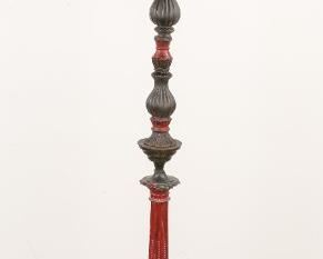 172	Renaissance Revival Floor Lamp	Renaissance revival painted metal floor lamp with leaded glass shade. Base with claw feet, acanthus leaves and shells. Spindle form stand with putti. 14" L x 14" W x 67 1/2" H. Glass panels in shade chipped near bottom edge. Wear to paint on base.
