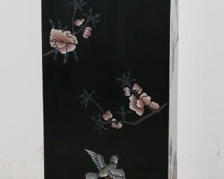 173	Chinoiserie Style Lacquered Sculpture Pedestal	"Chinoiserie style lacquered sculpture pedestal. Late 20th Century. Lacquered pedestal adorned with scenes of birds flocking around cherry blossoms. Wear and small losses to top of pedestal, some wear around sides. 

36"" H x 10"" L x 10"""
