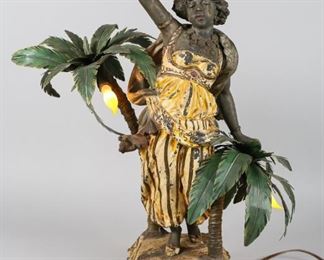 174	Manner of Louis Hottot Orientalist Metal Lamp	"Manner of Louis Hottot, Orientalist polychrome painted white metal lamp. 6 1/8"" L x 6"" W x 20 1/2"" H. 
Major loss and chips to paint on clothing and rug, crack along base. 
"
