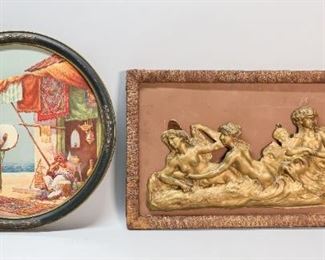 190	Orientalist Lithograph & Allegorical Tin Panel	James Greig (British, 1861-1941) orientalist lithograph. Man playing a tambourine. Signed in the print lower left. 13 1/2" diameter (with frame: 15 1/2" diameter). Cracks to top of frame, chips to the painted inlay.  Additionally, gilt tin panel depicting an allegorical scene. Mounted on board within a frame. Frame: 12 1/2" x 23" Adhesive residue to the top of the panel.
