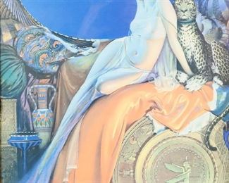 192	Rastron Print	"Rastron Art Deco print, signed in the plate upper right. Frame is made of wood with leopard fabric over it. 

Sight size: 19 1/2"" x 15"".
Frame size: 25"" x 21""."
