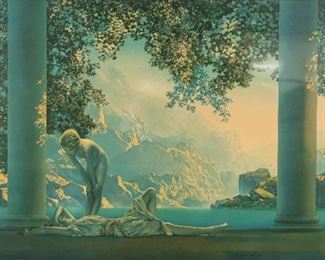 193	Maxfield Parrish "Daybreak" Lithograph	"Maxfield Parrish ""Daybreak"" lithograph, signed in the plate lower right with ""House of Art NY"" lower left.
Slight chip to lower left corner of frame. 
Sight size: 17 1/2"" x 29 1/2"".
Frame size: 21 1/2"" x 33 1/2""."
