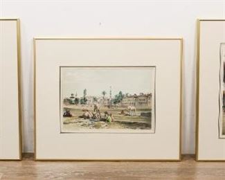 195	3 After Owen B. Carter Lithographs Views of Cairo	"After Owen B. Carter (British, 1806 - 1859), 3 lithographs by J C Bourne (British, 1814 - 1896). ""View Of A Palace Of Shereef Bey"" - 14 1/2"" x 10"", ""A Street In Cairo Near The Bab El-Khark"" - 14 1/2"" x 11"", ""Mosque Of El-Barmaweeyeh & c"" - 14 3/4"" x 11 1/4"" - Waviness to print under frame. Gallery label on verso.

Frame size: 23 1/4"" x 19 1/4""."
