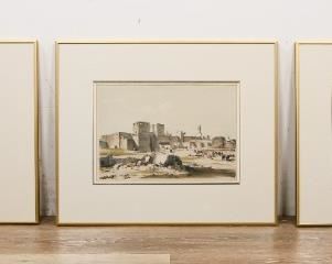 196	3 After Owen B. Carter Lithographs Views of Cairo	"After Owen B. Carter (British, 1806 - 1859), 3 lithographs by J C Bourne (British, 1814 - 1896). ""Bab-en-Nasr, And Walls Of Cairo"" - 10"" x 15"", ""View Of Part Of The Kal At El-Kebsh"" - 11"" x 15, ""Mosque Of Sultan Hassan - Cairo "" - 10"" x 14"". Gallery label on verso. 

Frame size: 20 1/4"" x 24 1/4""."
