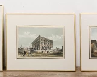 197	3 Views of Cairo Lithographs	"After Robert Hay (Scottish 1799 - 1863), 2 lithographs -  J C Bourne (British 1814 - 1896). ""Joseph's Hall Cairo"" - 10 3/4"" x 16"". Engraver unknown, ""View In The Jemaleeyeh, Near The Wekaleh Of Zu-L-Fakar"" - 15 x 11"". Engraving by W Giles, from a sketch by Capt. W C Head, ""Mosque At Loheia"". Gallery label on verso. 

Frame size: 20 1/4"" x 24 1/4"". 
Frame size: 23 1/4"" x 19 1/4""."
