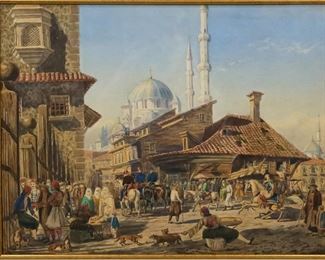 198	O.J. Jones Watercolor Yeni Yani Constantinople	"Rear Admiral O. J. Jones, watercolor, ""Yeni, Yani, Constantinople"". Gallery label on verso.

Sight size: 13 1/4 x 17 1/4.
Frame size: 22 3/4"" x 26 1/8""."
