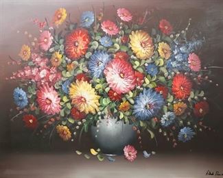 203	Acrylic on Canvas Flower Bouquet	Acrylic on canvas, Flower Bouquet. Signed in marker lower right  Alonso Pereria. Certificate of Authenticity on verso. 35 1/2" x 47 1/2" (with frame: 42 1/2" x 54 1/2"). Small chip to frame lower left.
