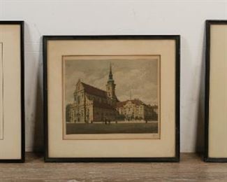 204	3 Etchings	"3 etchings: George Edmund Varian (American, 1865-1923) etching of a metropolitan street. Signed in pencil lower right. 2 architectural etchings with aquatint, each signed illegibly in pencil lower right.
Largest print: 11 1/2"" x 10"" (with frame: 15"" x 16"")."
