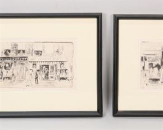 205	2 Elisha Kent Kane Wetherill Etchings	"2 Elisha Kent Kane Wetherill etchings, The Great Atlantic & Pacific Tea Co. and Kleinman 57, both signed in pencil lower center. 

Staining to Atlantic & Pacific Tea Co. etching lower left.

Sight size: 5 3/4"" x 13 1.2"".
Framed size: 13 1/2"" x 21""."
