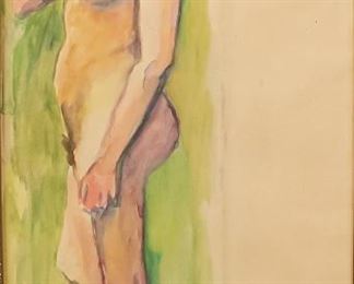 206	Ludovic Rodo Pissarro Watercolor Nude	Ludovic Rodo Pissarro (French, 1878-1952) watercolor of a nude woman. Stamped F.R lower right. Certificate of Authenticity on verso. 23 1/4" x 11 1/2" (with frame: 42" x 30"). Toning and waviness to the paper. Crease to length of page.
