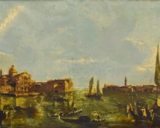 207	20th Century Oil On Canvas Venice Italy	Continental 20th Century oil on canvas. Venice canal with boats and gondolas. Appears unsigned. Sight size 24" x 35". Overall size 35" x 45". Losses and repairs.
