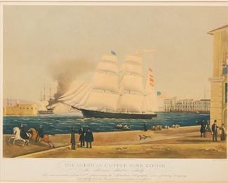 208	After William Bygrave Lithograph	"After William Bygrave (American, mid 19th c.), lithograph, ""American Clipper Bark Zephyr in Messina Harbor, Sicily"". Ketterlinus Lithographic Mfg. Co. Philadelphia, January 1st, 1942. With additional info on verso. 

Some fading to print and wear to frame. 

Sight size: 14 1/4"" x 18 3/4"".
Frame size: 22 1/4"" x 26 1/2""."
