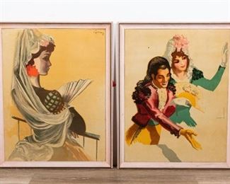 212	2 Lithograph Posters	"2 lithograph posters mounted on board. Jose Morell (Spanish 1899-1949) Spain lithograph travel poster. Circa 1940. Signed lower right. Lithograph poster of a woman with headdress and fan. Signed illegibly upper right.
Jose Morell poster: 30 1/2"" x 23 1/2"" .
Frame: 34"" x 27""."
