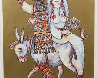 213	Jovan Obican Lithograph Village Wedding on Donkey	Jovan Obican (French, 1918-1986) lithograph, Village Wedding on Donkey. Signed in pencil lower right. Edition 511 out of 100 in pencil lower left. Certificate of Authenticity on verso. 26 3/4" x 20 3/4" (with frame: 46 1/2" x 38").
