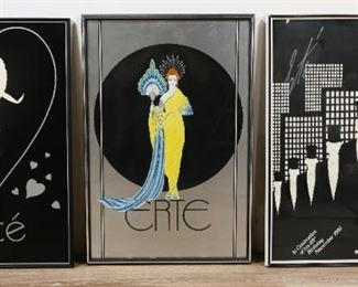 217	3 Erte Posters	3 Erte posters: "In Celebration of His 89th Birthday November 1981 Circle Gallery Chicago", 2 circa 1982 by Sevenarts Ltd. Birthday celebration poster: 29 1/2" x 22 1/2" (with frame: 31" x 24"). Pitting to surface of 1 print. Credit lines lower left of 2 prints.

