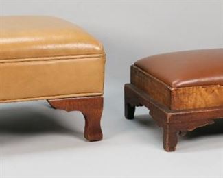 225	2 Leather Upholstered Foot Stools	"2 leather upholstered foot stools. Largest foot stool: 16"" L x 14"" W x 11"" H. Scuffing present to wood, wear to edges of wood. Loss to wood border on 1 foot stool, leg loose.
"
