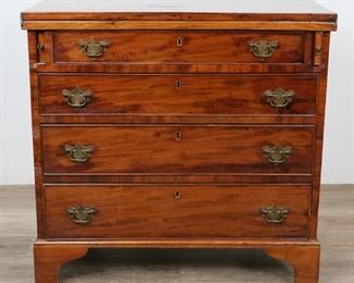 233	Diminutive Federal Server	"Diminutive Federal server or sideboard. American, 19th Century. Bracket feet, four drawers with inlaid escutcheons, bat wing drawer pulls, top extends with drop leaf held by two block supports. Scratches and wear to top, scuffing to feet. Portion of right rear foot is missing and was previously repaired. 

30"" H x 30"" L x 15"" D"
