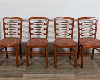 235	Set of 6 Queen Anne Chinoiserie Style Chairs	"Set of 6 Queen Anne Chinoiserie style chairs. 20th Century. Stained wood with Chinoiserie ribbon splats, and upholstered seats. Broken front stretcher missing from one chair, some wear to cushioning, wear to bottom of legs. 

37"" H x 17"" L x 16"" W"
