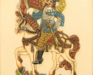 243	German Wax Relief Trumpeter	Mid-19th century German wax relief. Trumpeter on horseback in 17th century style dress. Sight: 9 7/8" H x 8" W  Frame: 11 1/2" H x 9 1/2" W.  Accumulation of debris in the relief , minor cracking throughout.