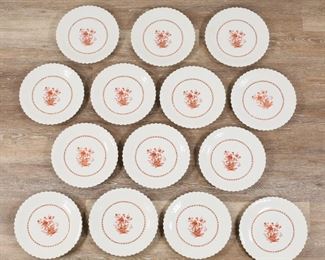 245	14 Georges Boyer Limoges Porcelain Dinner Plates	"14 Georges Boyer Limoges porcelain dinner plates in the pattern ""Nankin."" Slight wear to paint of center decoration. 7 plates with chips to rims, 1 plate with line and chip to rim.
10"" Diameter.  Circa mid 20th century."