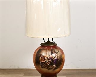 250	After Meissonier Porcelain Vase Lamp	"After Jean Louis Ernest Meissonier (French, 1815-1891) porcelain vase lamp. Hand painted genre scene of a man playing the theorbo. Signed lower right ""Mod Meissonier F. Bauer"". Crazing throughout. 
36 3/4"" H including finial x 9"" base diameter."