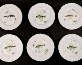        256	6 Marlborough Simpson Ironstone Fish Plates	6 Marborough Old English Ironstone by Simpsons Ltd fish plates. Embossed border rim. 10 1/2" diameter. Crazing to the center of 4 plates.