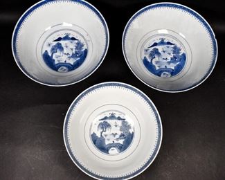        259	3 Chinese Blue & White Porcelain Bowls	"3 Large Chinese blue & white porcelain bowls. Stamped on bottom. 

1 with line and chip in rim.

Largest: 16"" Diameter"