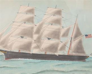        261	Watercolor and Pencil Clipper Ship	"Watercolor and pencil, Clipper Ship, unsigned. 

Right side appears to have paper added. 

Sight size: 26 1/4"" x 17"".
Frame size: 38 3/4"" x 26""."