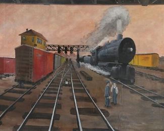        263	Louis Wolchonok Oil on Canvas Trains	"Louis Wolchonok (American New York, 1898 - 1973), oil on canvas trains, signed lower right, ""Louis Wolchonok"", stamped on verso ""The Estate of Louis Wolchonok"".   

Repairs to canvas, flaking to paint upper / center left and upper right. 

Sight size: 30"" x 36""
Frame size: 41 3/4"" x 35 1/2""."