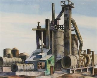        264	Louis Wolchonok Watercolor on Paper	"Attributed to Louis Wolchonok (New York, 1898 - 1973), watercolor on paper industrial landscape. With Louis Wolchonok estate stamp attached on verso.

Sight size: 17"" x 22 1/2"".
Frame size: 27 1/4"" x 33 1/4""."