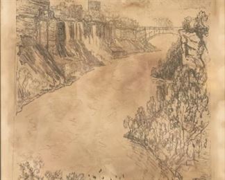        268	Joseph Pennell Niagara Etching	"Joseph Pennell etching Niagara. Signed, titled and dated 10.10.10 in the plate and pencil signed lower margin.

Fading to engraving. Nick to frame upper left. 

Sight size: 18 3/4 x 12 3/4"".
Frame size: 22"" x 16""."
