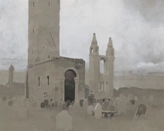       269	Joseph Pennell Watercolor and Gouache on Paper	Joseph Pennell (American, Pennsylvania 1857/1860-1926) watercolor, heightened with gouache on paper. Church ruins and graveyard. Circa early 20th century. Signed lower left. Partially obscured under mat. 14 1/4" x 10" (with frame: 22" x 18"). Crazing of paint upper center, tear to paper upper right.