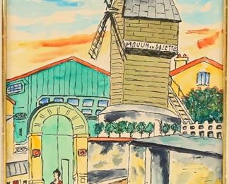        270	Elisee Maclet Watercolor on Paper	"Elisee Maclet (French, 1881-1962), watercolor on paper, ""Moulin 44. Galette"", signed E. Maclet lower center. 

Sight size: 9"" x 7"".
Frame size: 19 1/4"" x 17 1/2""."