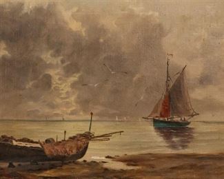        271	Oil On Canvas Sailboats Eduardo De Martino	Eduardo De Martino (Italy, 1838-1912) Oil on canvas of sailboats. Signed lower left.  Frame missing gilt on the bottom. Small tear lower center. 7" x 10 1/4" sight size. 15" x 18 1/4" with frame.