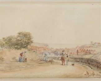        272	George Weatherhill Watercolor on Paper	"George Weatherhill (British, 1810-1890) watercolor on paper, Whitby from Stainsacre Lane. Inset card with title and artists name below painting. Titled on label, verso. Bleeding to paint on tree, center. Toning to paper. 
4 1/4"" x 9 5/8"" (with frame 11 1/4"" x 16 1/2"")."