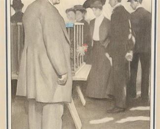        273	F.T. Bowers Charcoal, Watercolor, Pencil on Paper	"Franck Taylor Bowers (American 1875 - 1932), charcoal, watercolor, and pencil on paper, ""We Shall Take A Look At The Game Cocks"", signed ""F.T. Bowers"". Certificate of Authenticity on verso.  
Chip to top left hand corner of frame. 
Sight size: 13 1/2"" x 6 1/4""..
Frame size: 22"" x 14 3/4""."