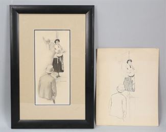        275	2 Franck Taylor Bowers Drawings	"2 Franck Taylor Bowers (New York, 1875-1932) drawings. ""Them Spanish Fandagoers"" charcoal and pencil on paper. Signed center right. Pen and Ink study of the drawing ""Them Spanish Fandagoers"" on paper, not signed, toning to paper, crease to top right corner. 
13 1/2"" x 6"" (with frame: 22"" x 14 3/4""). 
"