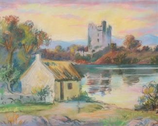        277	Jean Misceslas Peske Pastel on Paper	"Jean Misceslas Peske (Russian/Polish/French,1870-1949) pencil and pastel on paper. Ross Castle, Killarney, Ireland. Titled on verso. Signed lower right in pencil, obscured by mat. 8 1/2"" x 11"" (with frame: 14"" x 18""). Tear to paper, center.
"
