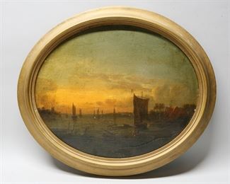        278	Ary Scheffer Oil on Board	Manner of Jan Josefsz Van Goyen (Dutch 1596-1665) oil on board, river landscape. Inscribed on verso in ink 12. Beatrice and Dante Ary Scheffer. 15" x 12" (with frame: 16 1/2" x 19 1/2"). Varnish observed under black light. Wear to paint center. Crazing to paint lower right and center.