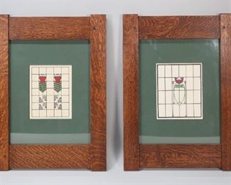        280	2 Dard Hunter III Mission Framed Prints	"2 Dard Hunter III (American Ohio 1883 - 1966). Roycroft original stained glass hand colored letterpress prints in mission frames. Printed at Mountain House Press, Chillicothe, Ohio. Label on verso. Signed center in pencil ""Dard Hunter III"". Frames stamped Dard Hunter Studios. Sight size: 7 1/4"" x 5 1/2"". 
Frame size: 20 x 14 1/2 in."