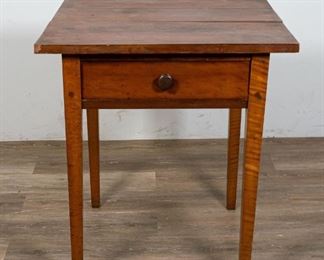        282	American Arts and Crafts Side Table	"American Arts and Crafts side table. American, Early 20th Century. Tiger maple, block legs, one drawer with knob pull. Naturally occurring split to top. Heavy wear to top, wear to drawer front and bottom of legs. 

28"" H x 24 1/2"" L x 21"" W"