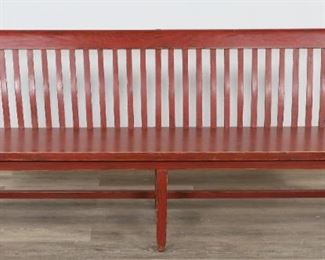        283	Arts and Crafts Style Wooden Bench	"Arts and Crafts style wooden bench. 20th Century. Long wooden bench painted red with gentle curving arms, rectangular splats, block feet. Wear throughout seating, wear to ends of head, wear to arms and legs. 
31"" H x 73"" L x 18"" W
"