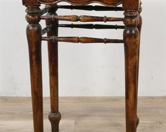        288	Colonial Style Side Table	"Colonial style side table. American,  20th Century. Rectangular form, bulbous form arrow feet and swelled stretcher, colonnade feet, rustic patina. Wear and scuffing to top, wear throughout legs. 

28"" H x 18"" L x 14"" D"