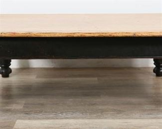        289	Farmer's Style Cocktail Table	"Farmer's style cocktail table. 20th Century. Turned legs, black painted legs and apron, one drawer with knob pull. Heavy wear throughout legs and apron, top is heavily scratched and worn.

18"" H x 54"" L x 37"" W"