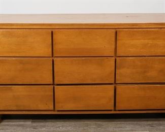        291	Leslie Diamond for Conant Ball Mid Century Dresser	"Leslie Diamond (American) for Conant Ball Mid Century dresser, for the ModernMates collection. American, Mid 20th Century. Solid birch, nine drawers, recessed block feet. Conant Ball furniture brand inside top middle drawer. Wear to drawers, scuffs and deep wear to top.

32"" H x 58"" L x 20"" D"