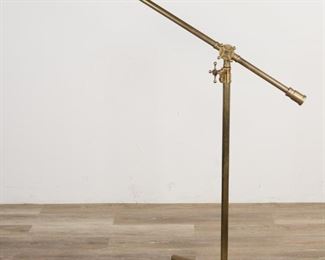        294	Ralph Lauren Style Cantilever Floor Lamp	"Ralph Lauren style cantilever floor lamp. 21st Century. Patinated metal, sink faucet handles to adjust height and angles, dome-style shade, all on tripod base. Lamp and dimmer has been tested and works. Some wear to shade, small white blemish on shade.

57"" H x 49"" L x 21"" W (of base)"