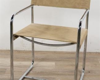        295	Marcel Breuer Style Canvas Side Chair	"Canvas side chair in the manner of Marcel Breuer. Mid 20th Century. Chrome frame and stretcher, canvas back and seat. Some wear and scuffs to seat, scratch to right of canvas back, scratches to chrome base.

31"" H x 20"" L x 18"" W"
