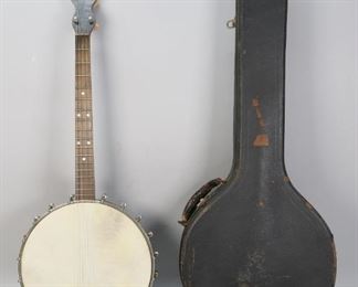        303	Four String Tenor Banjo	"Four string tenor banjo. Early 20th Century. Mother-of-pearl star inlay on headstock, flat wooden resonator screwed onto back. Grover Nontip banjo bridge holds strings on drum head. Wear and scuffing to drum head, loss to varnish around neck. Some j-hook brackets are loose. Wear to exterior of fitted case, tearing to felt inside case. 

32"" H x 12 1/2"" L x 4"" W"